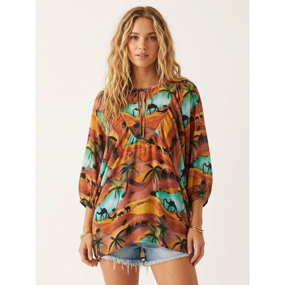 Chufy Oasis Desert Camel Print Boho Tunic Mini Dress Coverup Resortwear Small - Picture 1 of 7